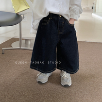 CHILDREN PANTS FALL NEW PINT GIRL RETRO DENIM STRAIGHT BARREL PANTS 2023 BOY FOREIGN AIR 100 LAP SEVEN PANTS OUTER PANTS