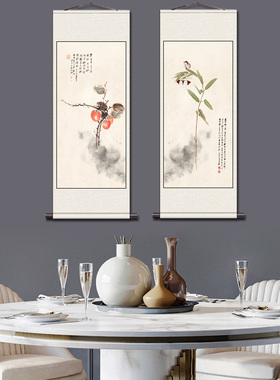 年年有余国色天香国画丝绢宣纸卷轴挂画禅意花鸟莲蓬红荷玄关装饰
