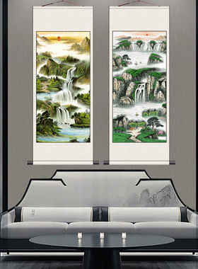 富水长流招财山水挂画风水玄关装饰画聚宝盆客厅挂画茶楼卷轴挂画