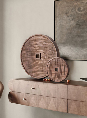 样板间玄关圆形抽象木雕装饰摆件民宿酒店侘寂风软装家居饰品摆设