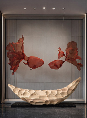 酒店大堂美陈装饰现代木雕工艺品落地摆件售楼处大型雕塑艺术装置