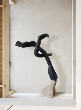 侘寂风玄关雕塑落地大摆件酒店大堂软装艺术装置样板间木雕装饰品