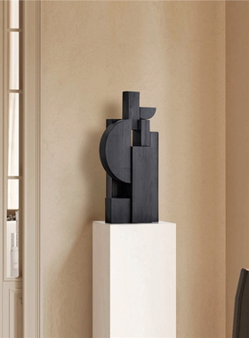 酒店样板间几何抽象木雕玄关摆件展厅售楼处软装侘寂风雕塑艺术品