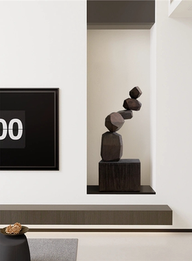 酒店样板间玄关复古创意抽象木雕装饰摆件侘寂风中古实木艺术雕塑