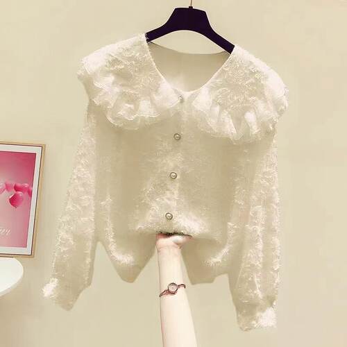 lolita内搭娃娃领衬衫加绒加厚蕾丝边大翻领衬衫女休闲雪纺衬衣潮 - 图2