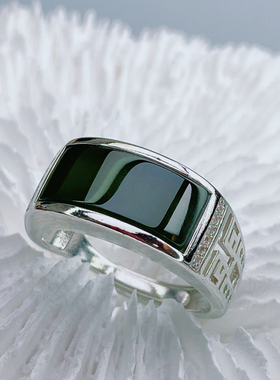 天然和田玉马鞍戒时尚百搭s925银戒托和田墨碧玉石送男女戒圈