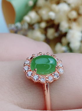 精品天然和田玉碧玉款女士戒指清新脱俗轻奢小花设计食指戒圈