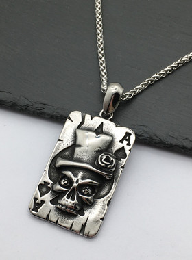玫瑰骷髅绅士黑桃扑克钛钢吊坠