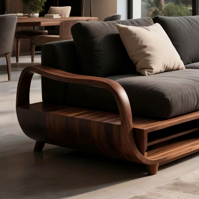 2025新款北美黑胡桃实木转角贵妃沙发组合禅意新中式简约布艺客厅 - 图3