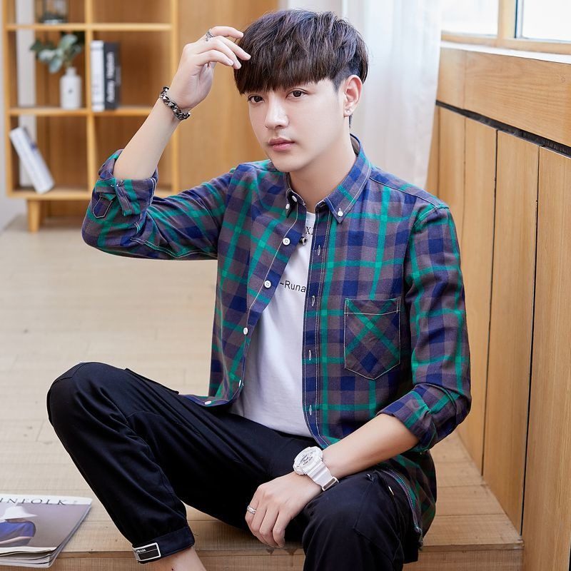 春秋季纯棉潮流格子衬衫男港风休闲百搭长袖外套中青年男装上衣服,淘宝优惠券,粉丝福利购,淘宝优惠卷