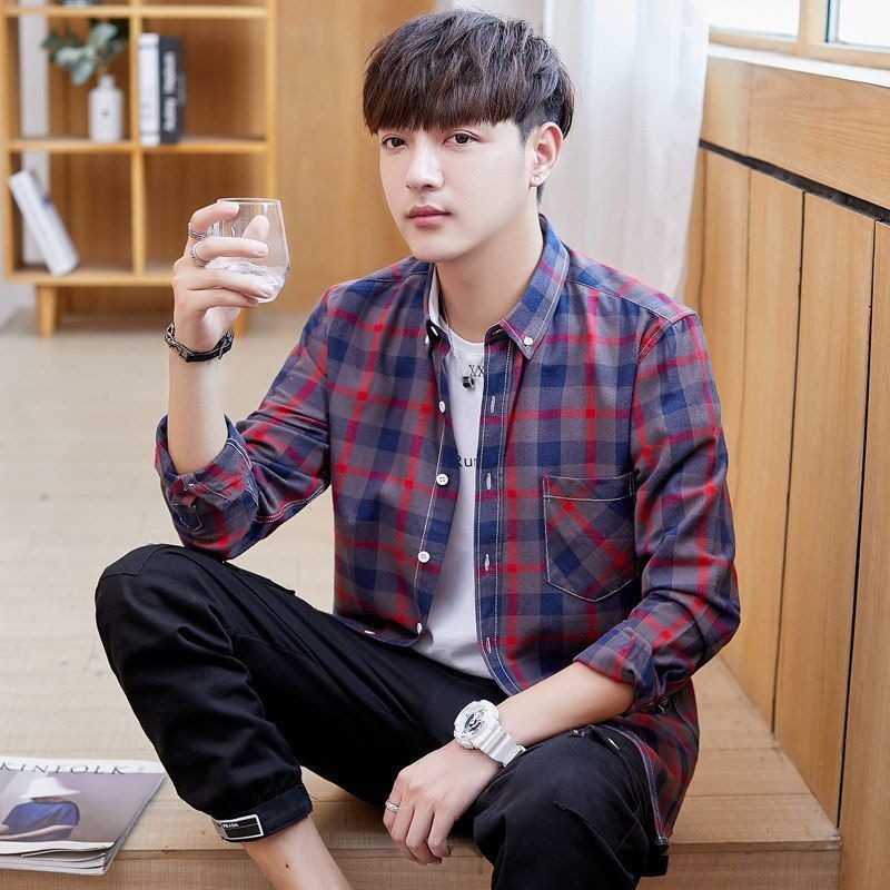 春秋季纯棉潮流格子衬衫男港风休闲百搭长袖外套中青年男装上衣服,淘宝优惠券,粉丝福利购,淘宝优惠卷