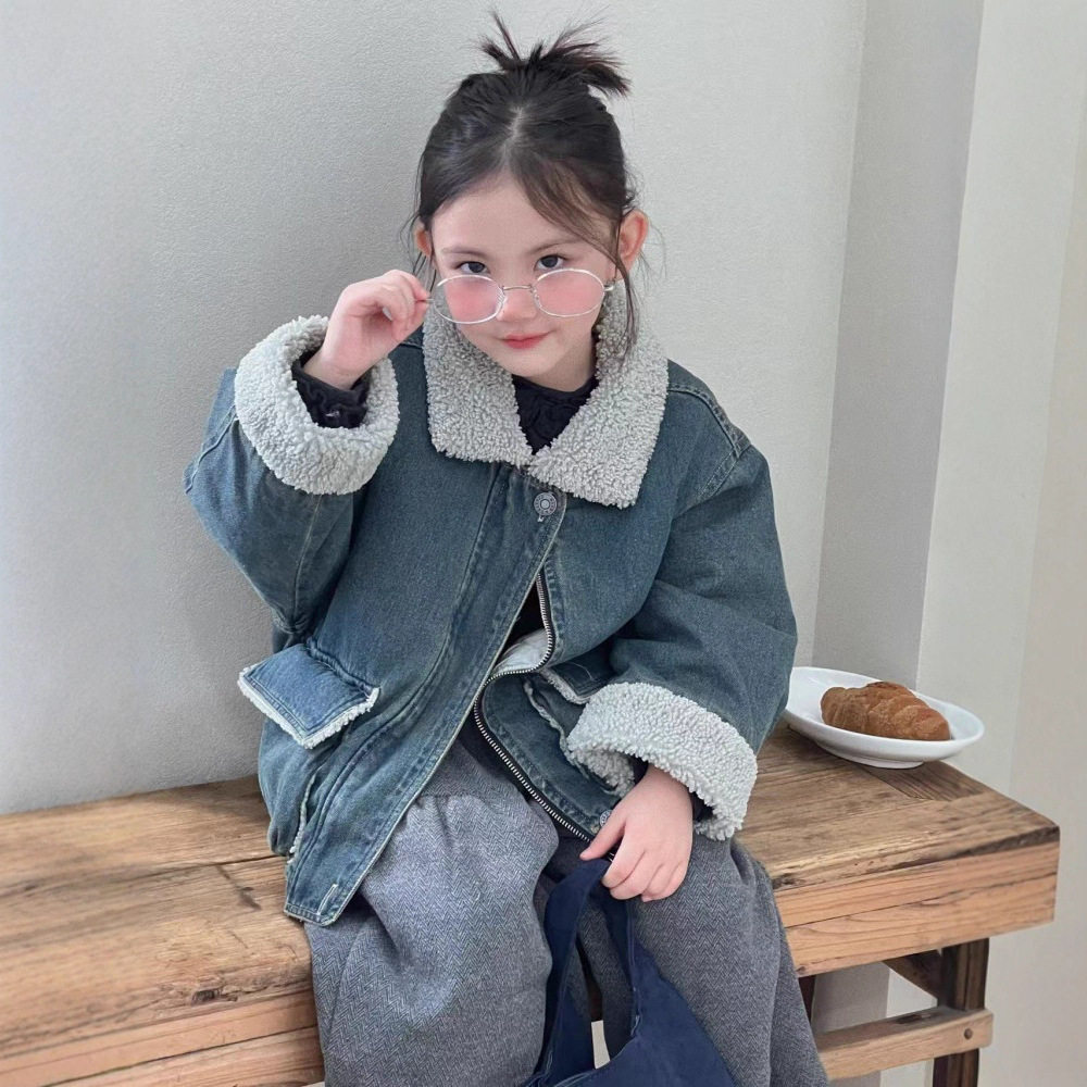 韩国童装2025冬款女童复古洋气加绒保暖外套儿童气质毛领牛仔棉服,淘宝优惠券,粉丝福利购,淘宝优惠卷