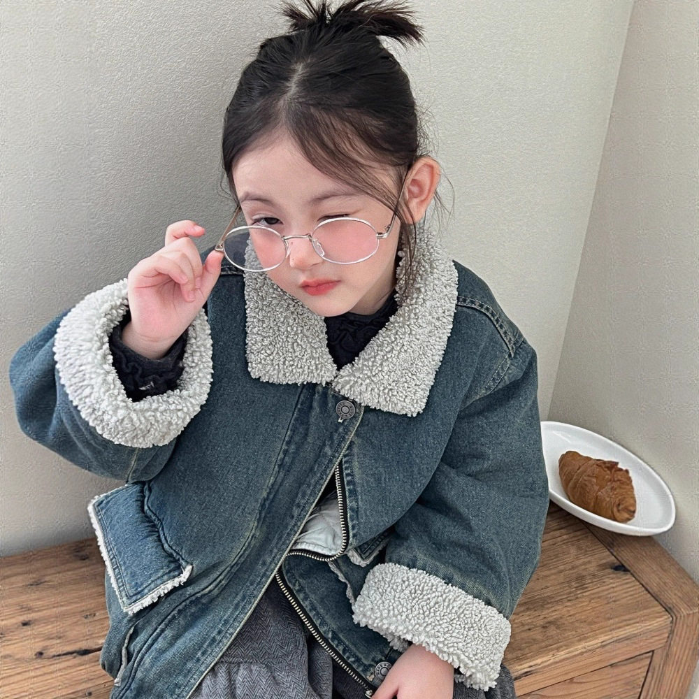 韩国童装2025冬款女童复古洋气加绒保暖外套儿童气质毛领牛仔棉服,淘宝优惠券,粉丝福利购,淘宝优惠卷