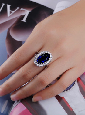 椭圆形深蓝彩色宝石女日韩戒指