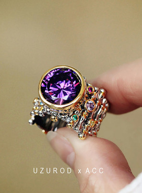 UZUROD复古紫色大钻戒指紫钻竹节约会晚宴气质感拉满ins风高级感