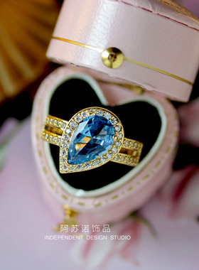 阿苏诺原创极光海蓝钻宝石轻奢气质水滴戒指高级感潮人少女学生