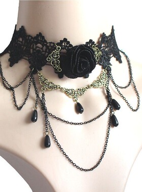 跨境热销复古哥特式宝石水滴项链黑色choker项圈锁骨链玫瑰花颈链