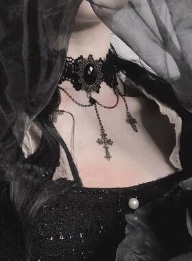 创意朋克十字架蕾丝项链洛丽塔饰品暗黑复古小众锁骨链choker颈带