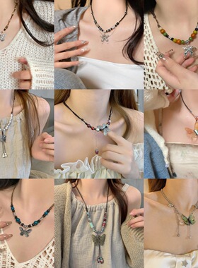 新中式小众个性甜酷锆石珍珠蝴蝶流苏项链颈链choker项圈锁骨链女