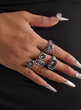 欧美跨境饰品甜酷几何黑钻可调节戒指女 ins个性创意开口活口戒圈