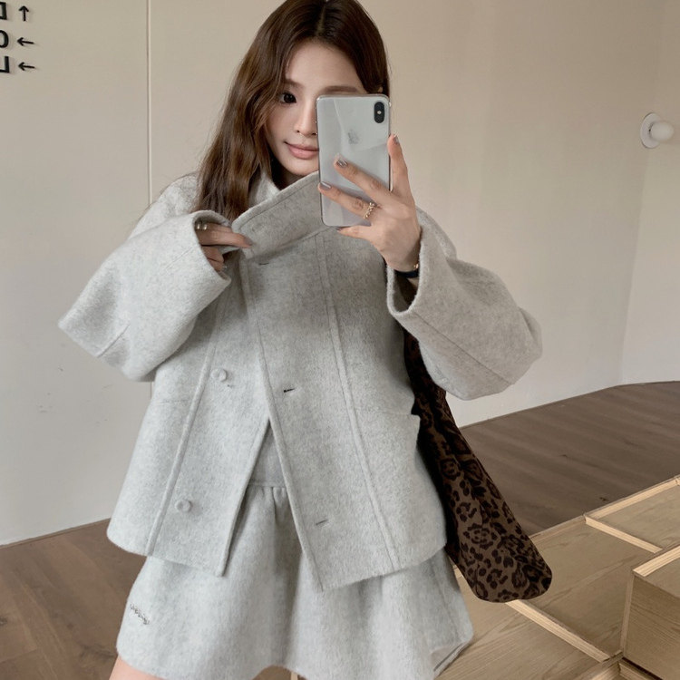 韩国女装25新冬季东大门双面手缝羊绒羊毛大衣套装短蓬裙外套宽松,淘宝优惠券,粉丝福利购,淘宝优惠卷