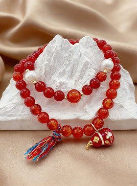 天然红玛瑙手串天然淡水珍珠手链女款正品女孩红色本命年轻奢高级