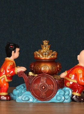 铜运财童子摆件黄铜推车送宝善财童子家居办公室店铺开业送礼品