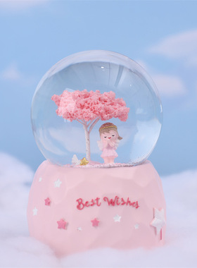 家居摆件情人节礼物创意天使女孩情侣带灯飘雪水晶球学生礼品