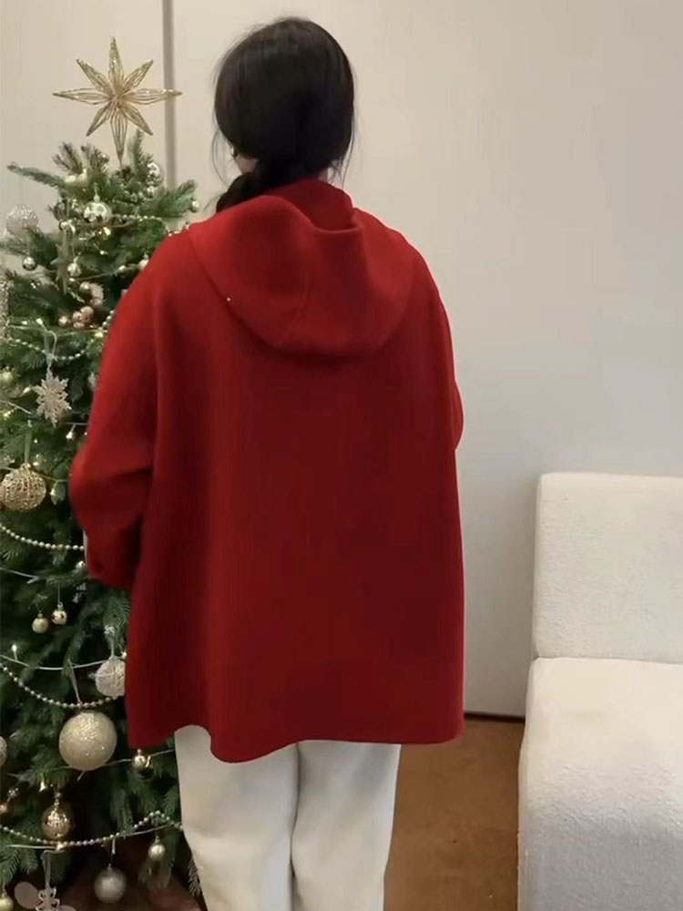圣诞战袍红色连帽双面呢羊绒大衣牛角扣外套新款韩版冬上衣喜庆年