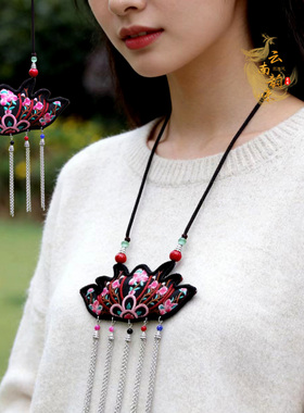 民族风刺绣花毛衣链吊坠挂件配饰女长款莲花项链复古长流苏装饰品