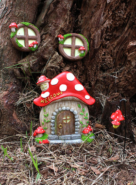 外贸创意户外夜光蘑菇屋装饰门窗庭院花园树木挂件树脂工艺品摆件