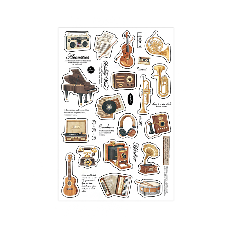 西洋乐器贴纸 DIY复古手账装饰贴画圆号小提琴手风琴钢琴音乐系列 - 图0