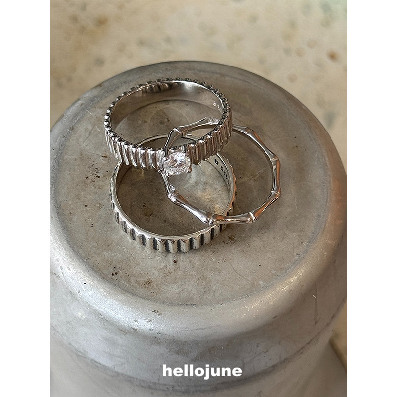 Hellojune S925 silver retro aged bamboo ring stacked gear wide ring