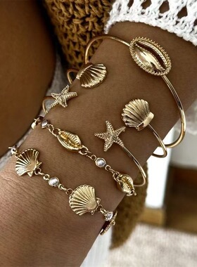 辣辣家欧美复古金色海洋系列度假风女小众设计感高级气质百搭手镯