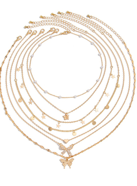 欧美度假ins风金属亮片蝴蝶星星项链时尚仿珍珠蛇骨链叠戴锁骨链