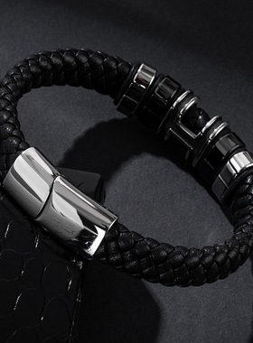 欧美风百搭钛钢黑色皮绳刻字定制