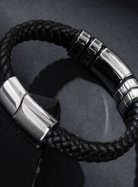 欧美风百搭钛钢刻字黑色皮绳定制