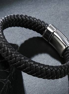 韩版时尚黑色皮绳手链男六芒星