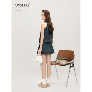 Ouyang Xi Original <Playful Denim> Retro Washed Lapel Skirt Summer High Waisted Slim A-Line Dress