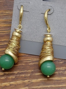 欧美风手工缠丝绿色原石设计师腔调文艺术气质潮人耳环坠项链套装