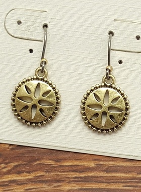 做旧金色镂空小圆盘简洁百搭小清新森女文艺范耳环坠项链套装