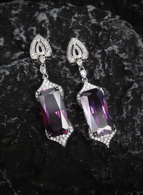 时尚气质轻奢紫色耳环项链两件套合成立方氧化锆复古个性锁骨链