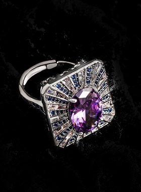 宫廷风简约几何项链 925银针紫色人造水晶耳环复古优雅戒指三件套