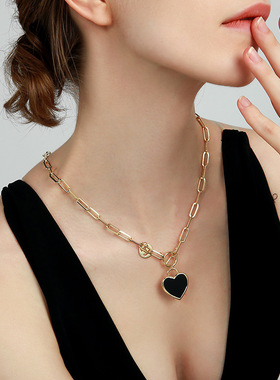 大气OT扣心形锁骨链个性黑色爱心