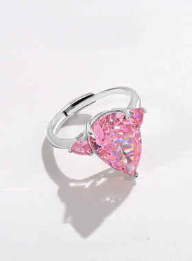s925纯银粉色水滴三石戒指时尚气质高雅奢华设计感个性高级感戒指