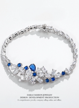 s925纯银蓝色水滴花朵项链耳环戒指手链四件套时尚气质奢华高级感