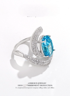 新款s925银蓝色时尚大气奢华高级感戒指开口可调节合成立方氧化锆