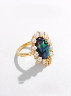 彩蝶贝鲍鱼贝戒指淡水珍珠太阳花