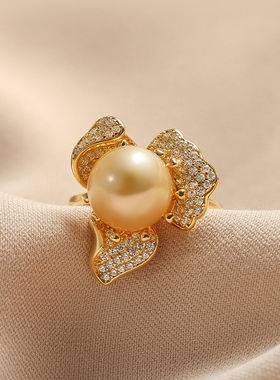 高级感10-11mm南洋金珠珍珠戒指花瓣设计时尚气质轻奢网红指环女