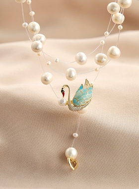 仙美天鹅吊坠项链多层淡水珍珠